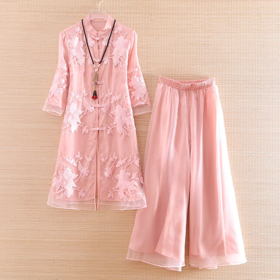 

High-end Women 2 Pieces Set Vintage Embroidery Organza Shirt Tops + Trousers Wide Leg Pants Elegant Lady Suit Female S-XXL