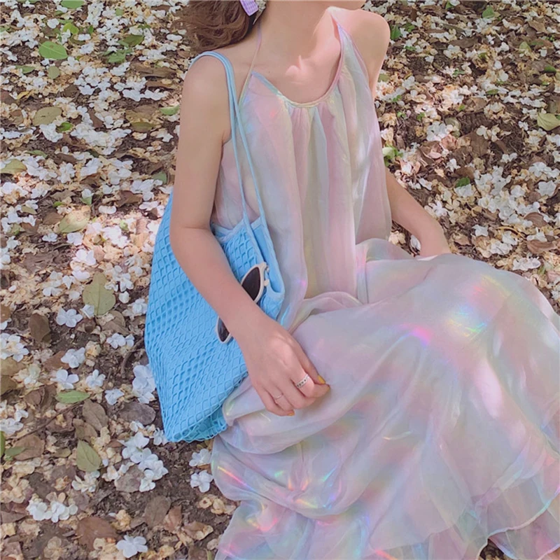 

Shiny Dress Colorful Loose Sleeveless Spaghetti Strap New Beach Holiday Wear Female Ladies Fairy Vestidos Sweet Women Dresses