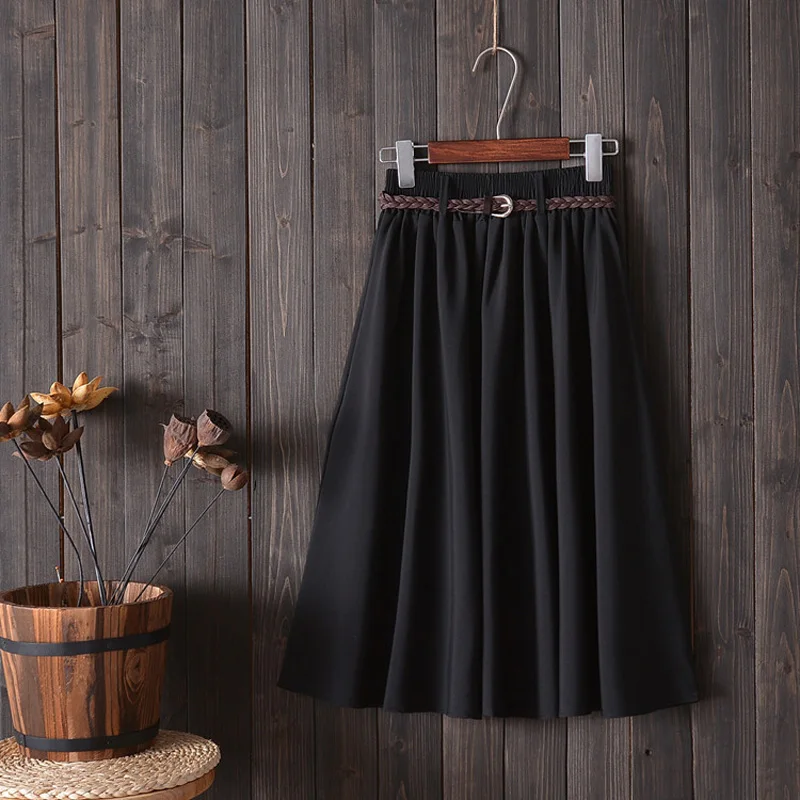 Midi Knee Length Summer Skirt Women With Belt 2024 Fashion Korean Ladies High Waist Pleated A-line School Skirt Female