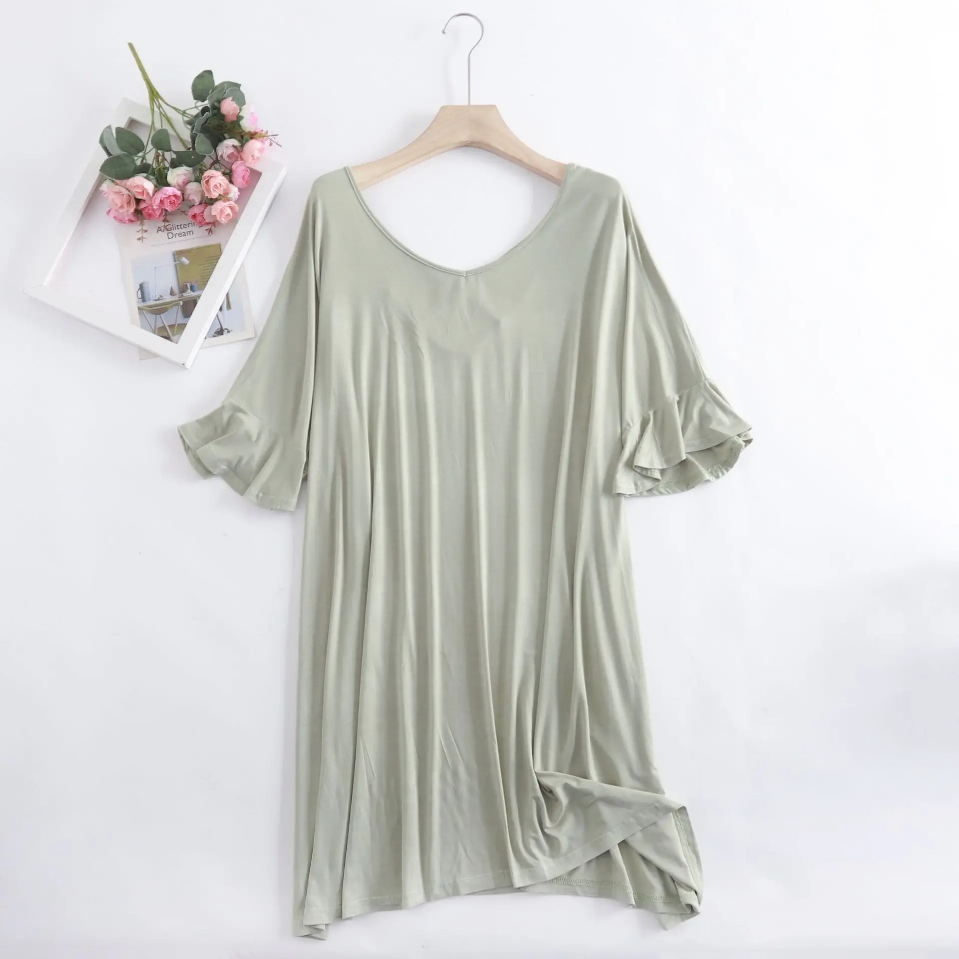 New Nightgowns Women Loose Modal Summer Dress Beautiful Back Flared Sleeves Sexy Nightshirt Large Size Ladie\'s Nightdress