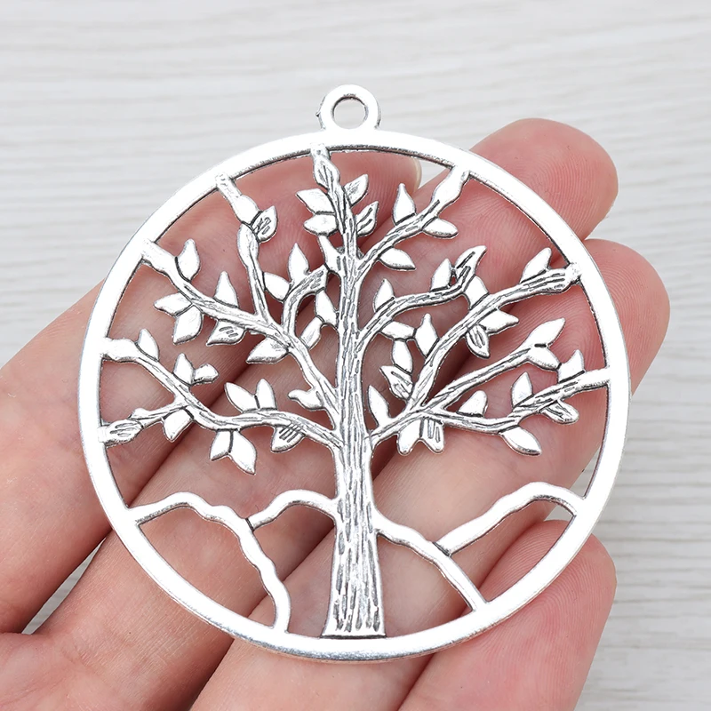 4 x Silver Boho Large Hollow Round Life Tree Tibetan Silver Charms Pendants For Necklace Jewelry Making Findings 57x57mm