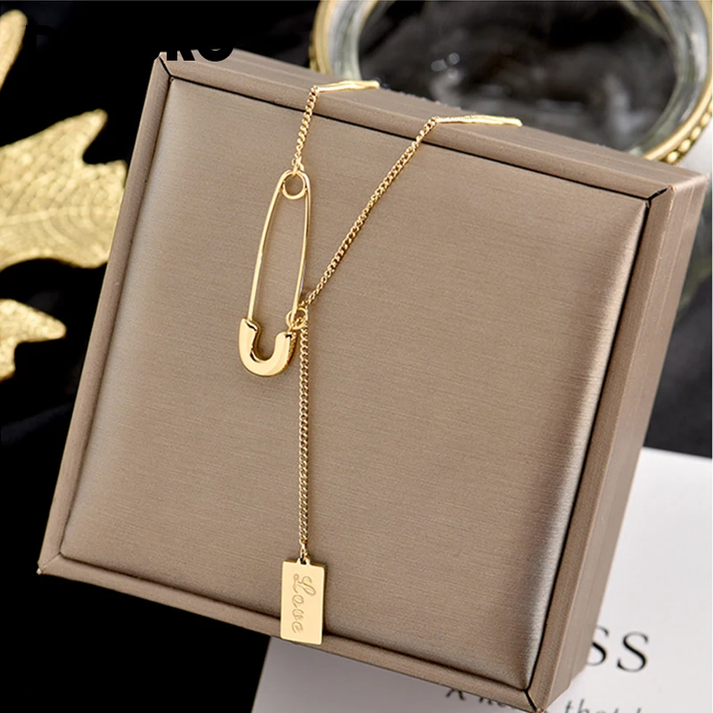 DIEYURO 316L Stainless Steel Geometric Pin Rectangular Pendant Necklace Female Fashion Temperament Adjustable Jewelry Accessorie