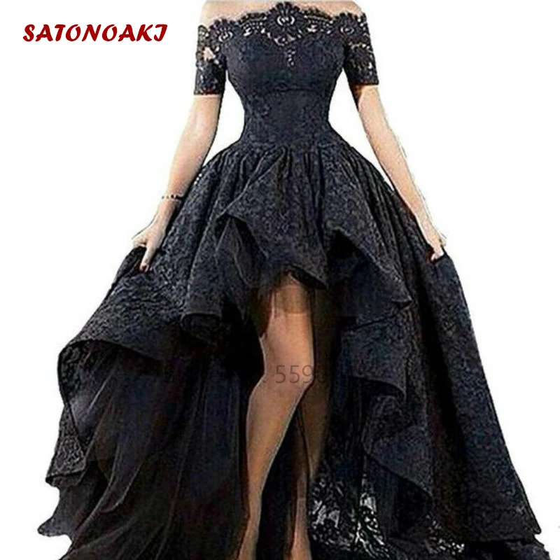 2024 Black Lace Wedding Dress Strapless Hi-Low Floor Length Off The Shoulder Short Sleeves Bridal Gown Custom Vestido De Novia