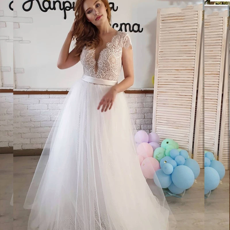 Robe De mariée en Tulle, ligne a, col en v, sans manches, en dentelle blanche, pour femmes, magnifique