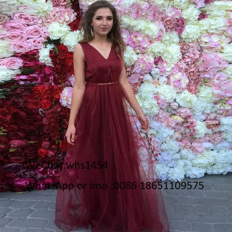 Elegant Chic Burgundy ชุดเพื่อนเจ้าสาวยาว2023 A-Line V-Neck ชุดเจ้าสาว Tulle Backless Robe Demoiselle D'honneur