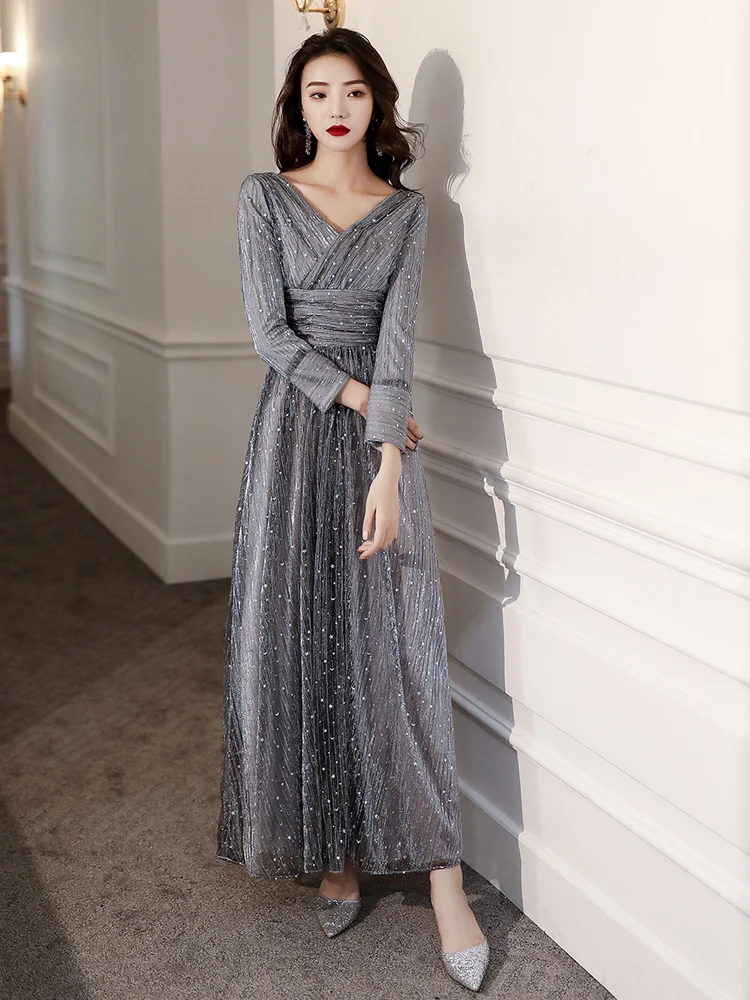 Grey Avondjurk 2020 Nieuwe Mode Sexy V-hals Volledige Mouw Prom Party Dress Shining Pailletten Banket Jurken Vestido De Festa