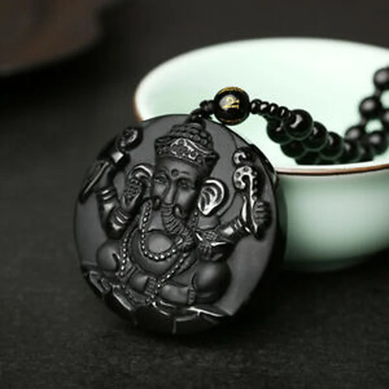 Natural obsidian Ganesha elephant Amulet necklace with adjustable bead chain