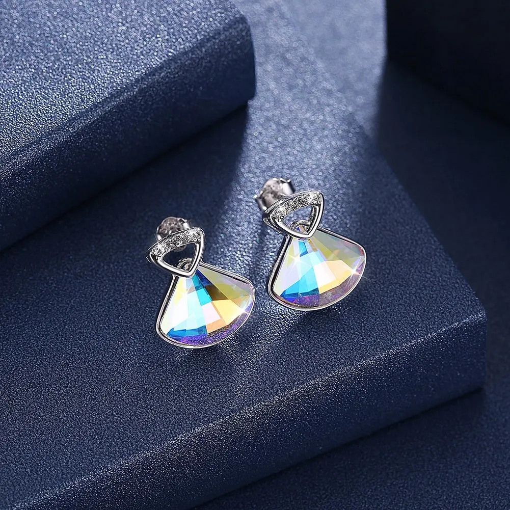 Fine Jewelry Made with Lekani Crystal Stud Earrings Real S925 Sterling Silver Geometric Blue Shell Earrings for Women Gift