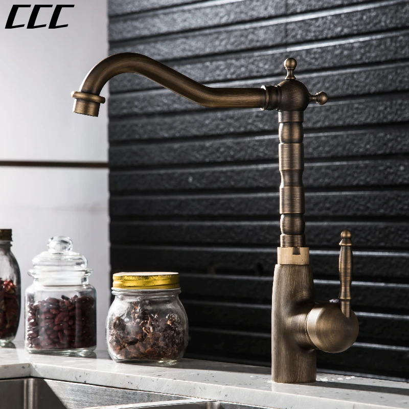 CCC European-style retro kitchen hot and cold water faucet  Household vegetable sink sink bowl single hole brass wash basin