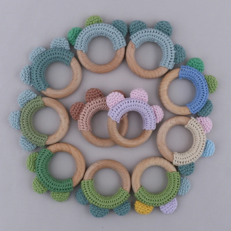 BPA Free Crochet Knitted Wool Cartoon Baby Teether Wooden Ring Newborn Teething Rattle Toy Baby Rodents Molar Soother Teether