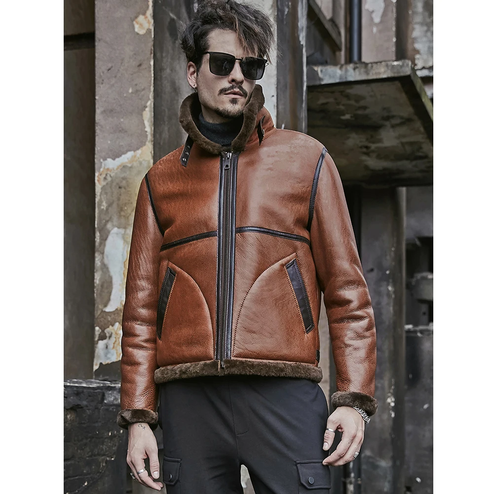 Denny&Dora New Mens Brown B3 Sheepskin Shearling Jacket Short Leather   Jacket Mens Fur Coat Bomber Jacket Short Winter Coats