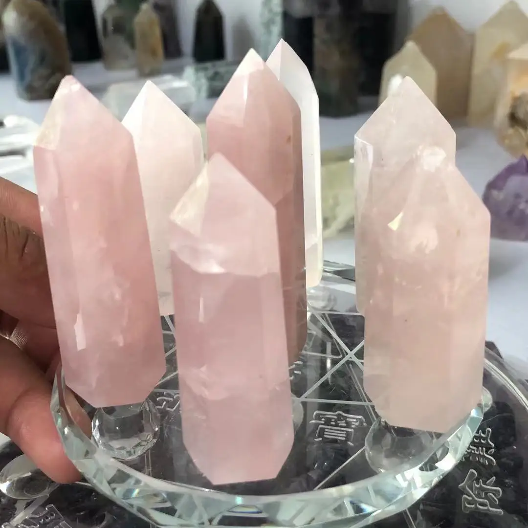 Feng shui seven star array natural pink crystal transparent stone column + plate bottom decoration