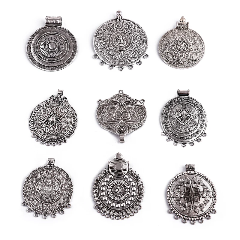 2PCS Tibetan Silver Tribal Large Round Medallion Chandelier Charms Pendants for DIY Boho Vintage Necklace Jewelry Making Finding