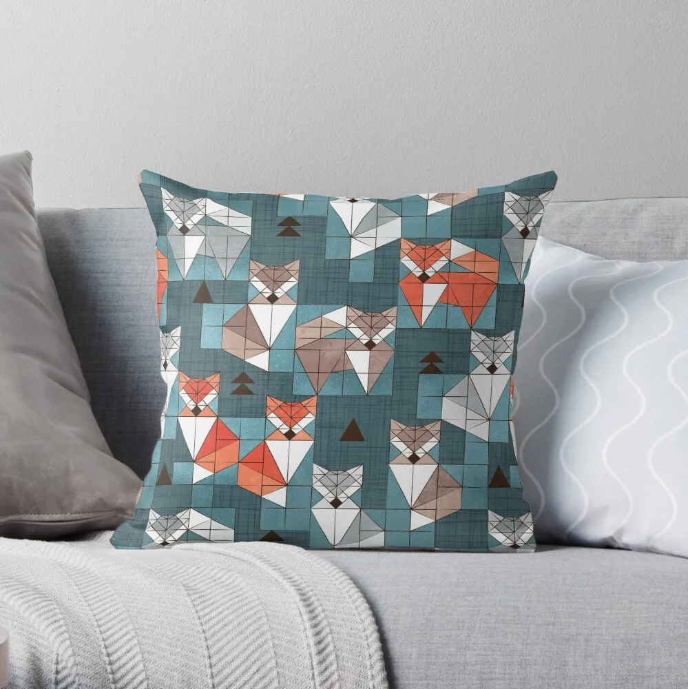 Blocked geometric foxes  teal background white grey orange and brown foxy animals Pillow Case Polyester Home Decoras