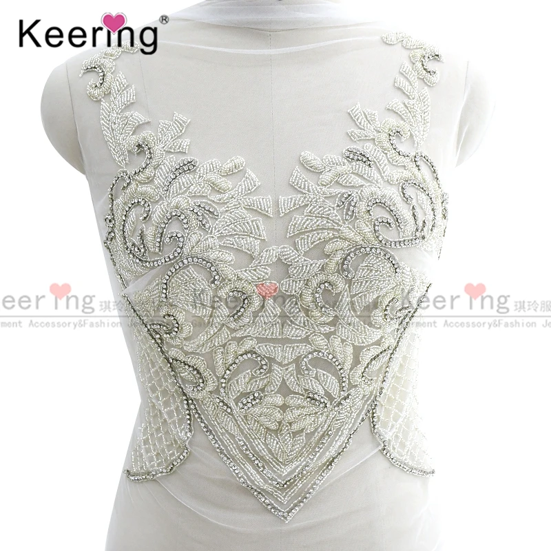 

Hand-made Silver Beads and Rhinestone Bodice Applique for Wedding Dress, Front and Back, WDP-255