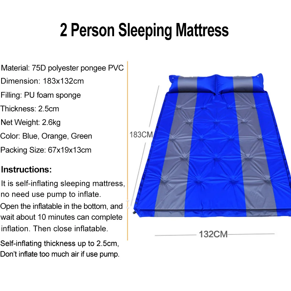Desert&Fox 2 Person Air Mattress Self-inflating Tent Sleeping Mat Attached Air Pillow Inflatable Camping Sleeping Mattress Pad