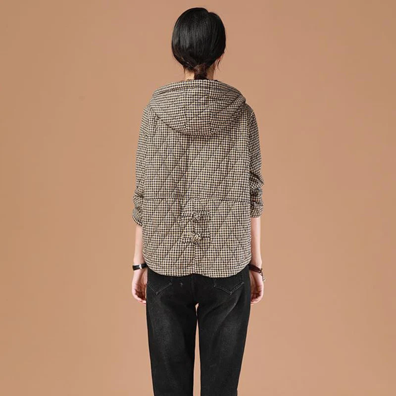 Manteau Cardigan à capuche en coton épais pour femme, veste à carreaux, court, chaud, vêtements d'extérieur, fermeture éclair, de haute qualité, collection hiver 2022