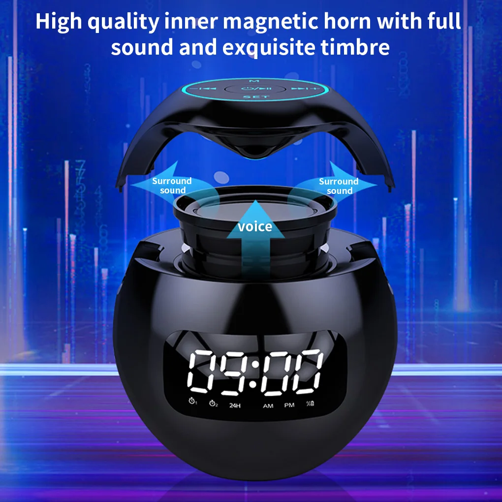 Portable Wireless Bluetooth 5.0 Speaker with LED Digital Alarm Clock Outdoor Loudspeaker Mini Speaker for Smart Phone Tablet PC