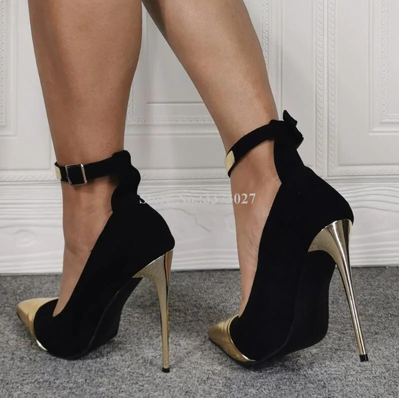 Woman New Metal Toe Metal Stiletto Heel Pumps Shoes Sexy Pointed Toe Metal Decor Ankle Strap Single Shoes Lady Real Photos Heels