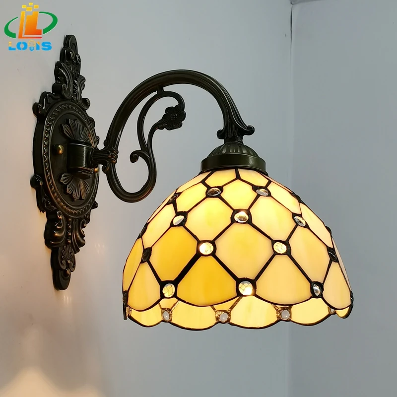 

European Classical Glass Beads Wall Lamp Tiffany Style Living Room Backdrop Bedroom Bedside Bar Aisle Stairs Lamp Metal Lamp Arm