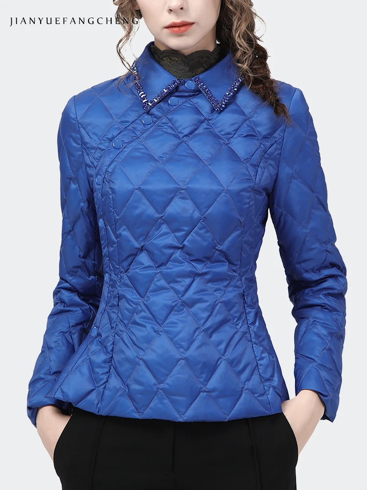 Chaqueta acolchada de plumón de pato para mujer, abrigo corto ajustado con cuentas azules, cuello vuelto, estilo chino Vintage, cálido, invierno