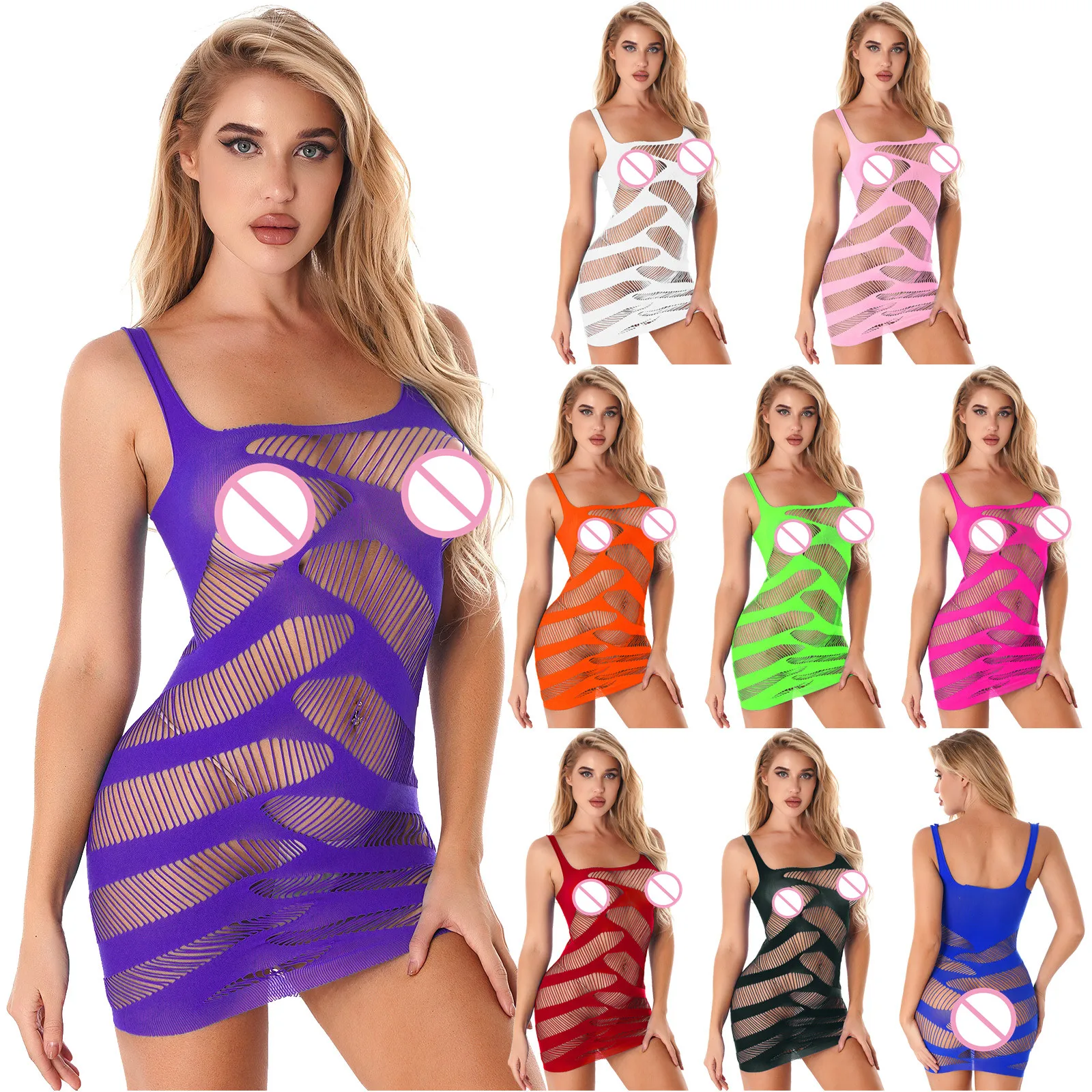 

1Pc Women Scoop Neck See-through Bodycon Dress Hollow Out Sheer Mini Dresses Exotic Lingerie Sexy Nightwear