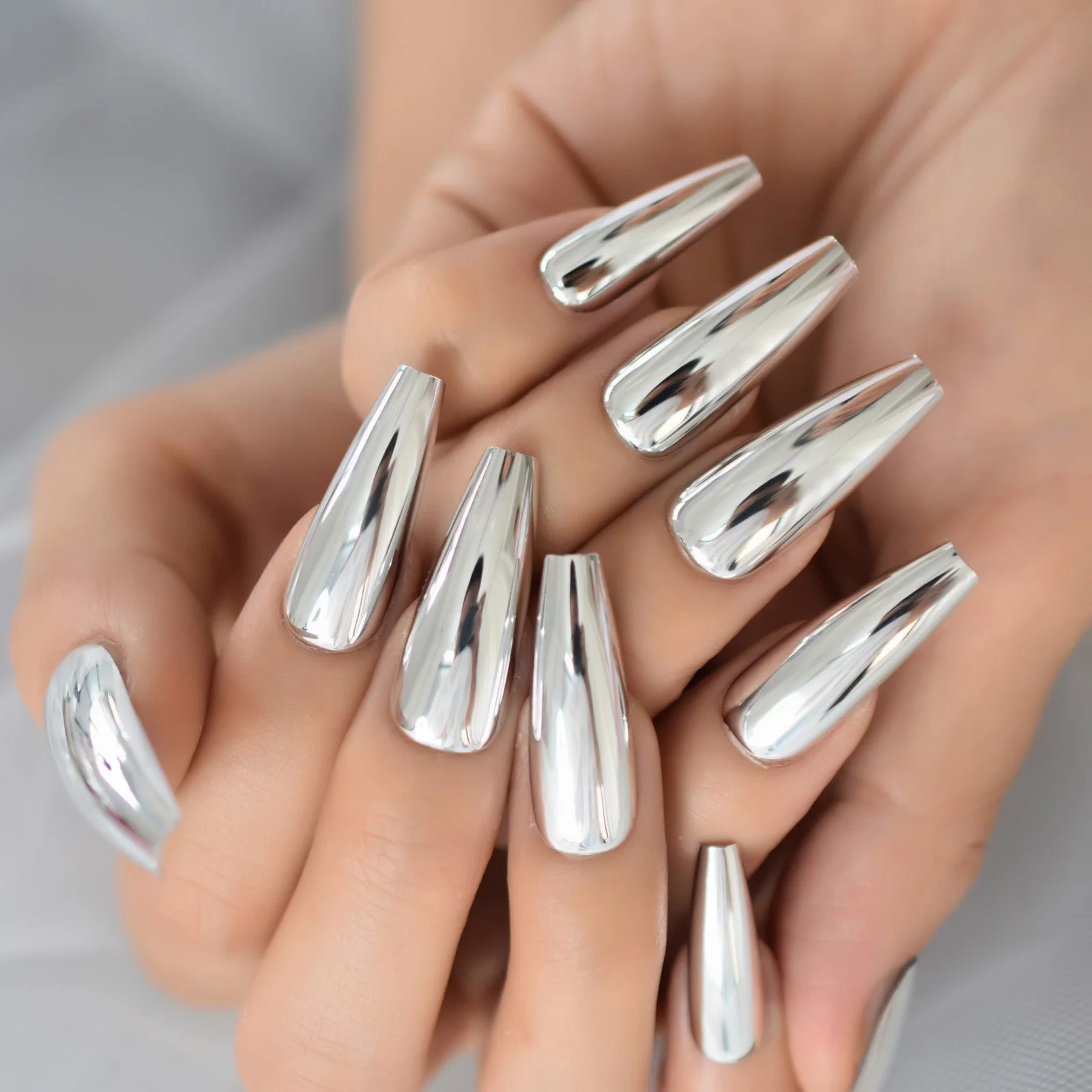 Silver Coffin Fake Nails Long Ballet Metallic False Nail Tips Solid Color Mirror Press On Nails Art Manicure At Home Salon Tools