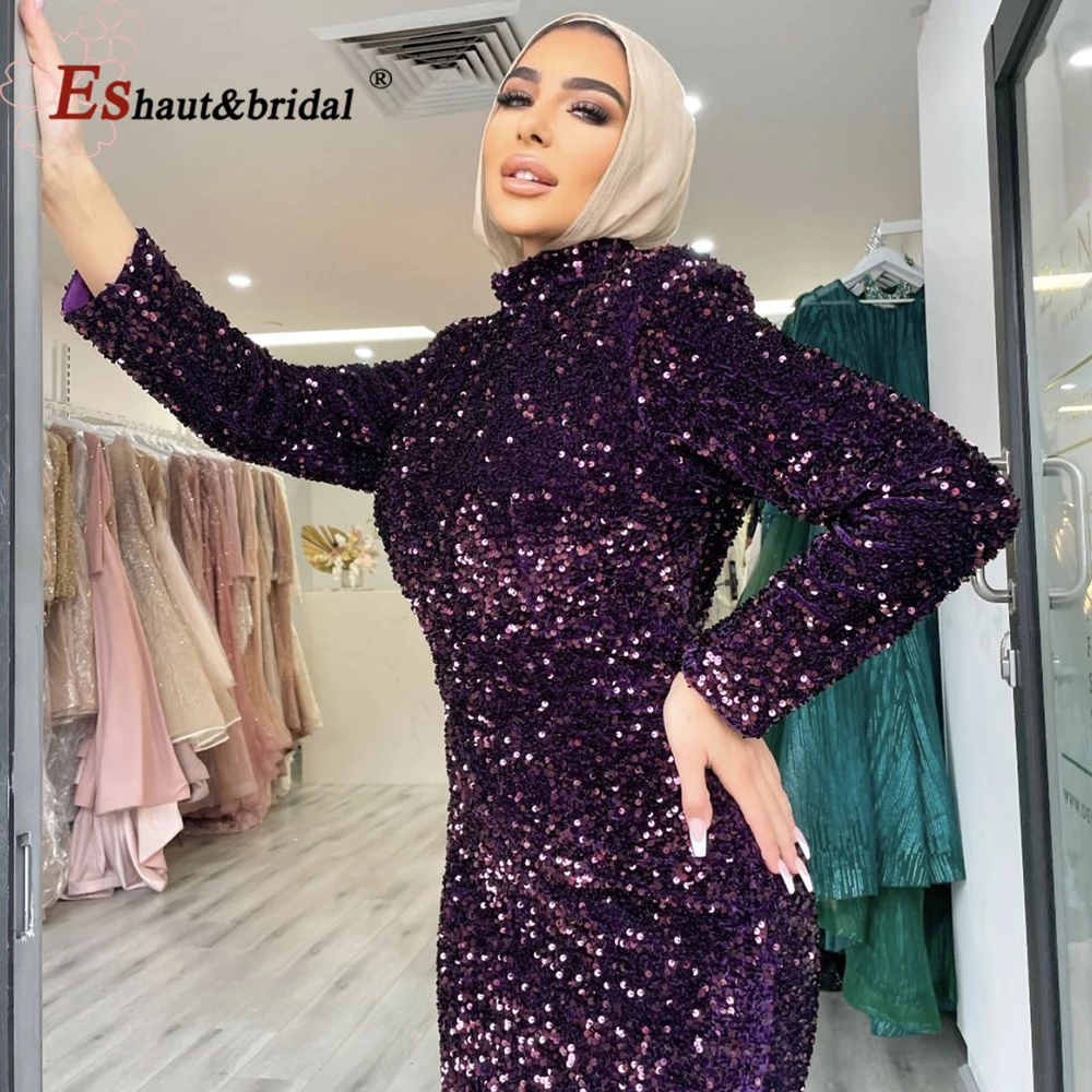 Elegant Evening Night Dresses for Women 2023 Muslim Tea Length High Neck Mermaid Long Sleeves Formal Prom Wedding Party Gowns