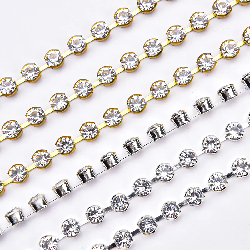 High Quality 10 Yards Rhinestone Gold Claw Chain Sewing 3-6mm Strass Clear Crystal With Silver Base Cup Trim for Wedding Dress