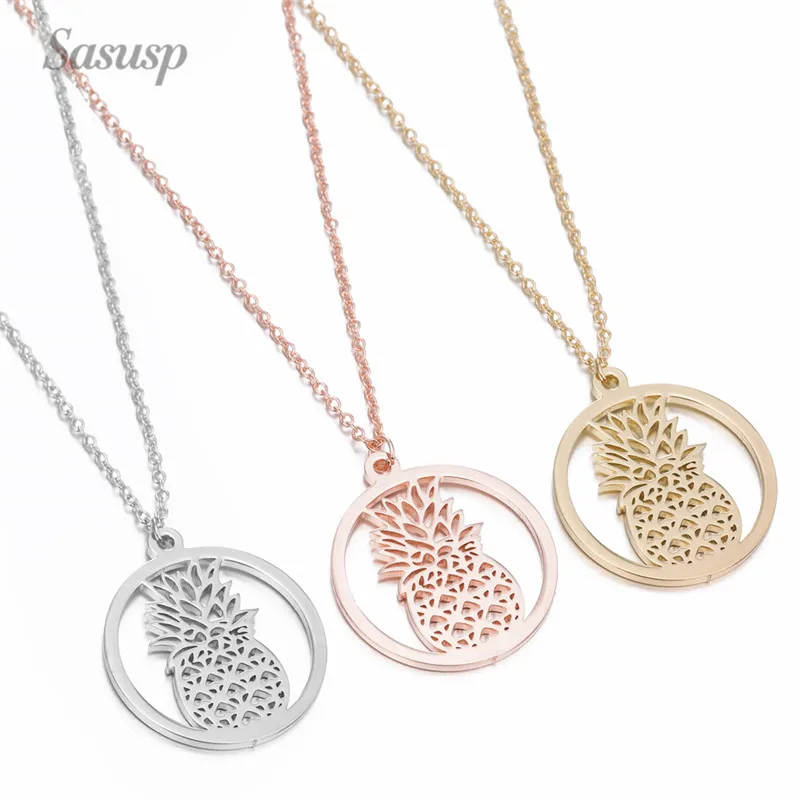 Sasusp Stainless Steel Pineapple Pendant Necklace Chain Bohemia Choker Necklace Women Gold Jewelry 2020