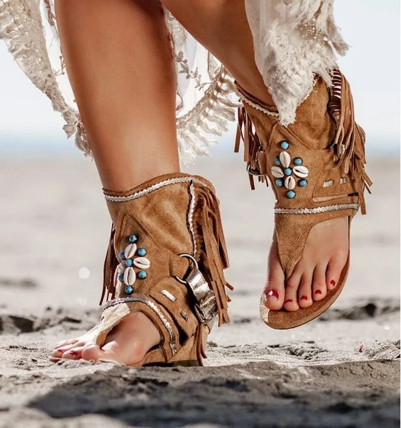 Retro Women Fringe Flower Wedges Shoes 2020 Solid Flock Beach Casual Sandals Women Summer Flip Flop Sandals