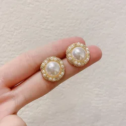 New Vintage Round Simulated pearl Clip on Earrings for Women Fashion Temperament Golden Non Pierced Circle Ear Clips Jewelry