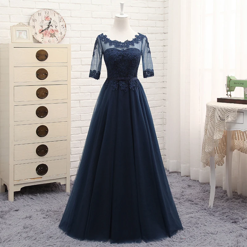 Robe de soiree 2023 wholesale Scoop Neck Half Transparent Lace Embroidery long Navy blue party prom dress Bridesmaid Dresses