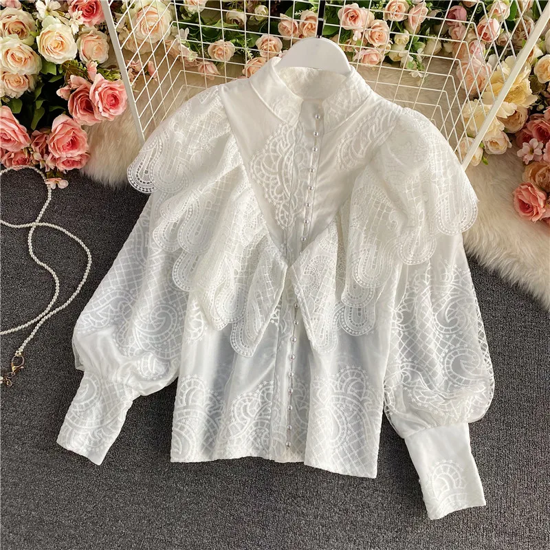 Special Offer Spring Autumn Women Blouse High Quality Vintage Court Style Stand Collar Lantern Sleeve Ruffles Lace Shirt