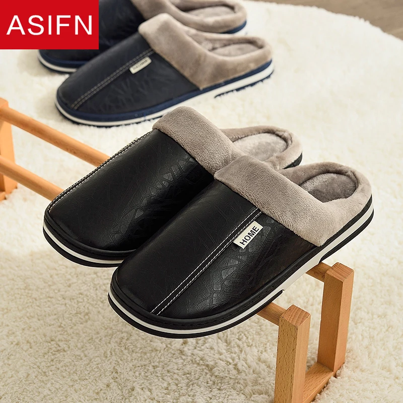 ASIFN Home PU Leather Winter Slippers for Men Indoor Waterproof Fur Cotton Male Couples Men's Big Size Slippers Flat Men Shoes