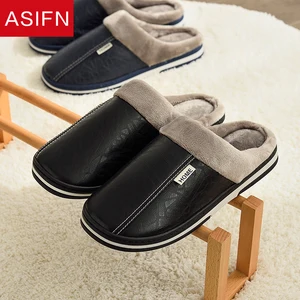 Waterproof Men's PU Leather Slippers, Interior Men's Shoes, Smooth Cotton Slipper, Skin, Large Size, Room, Winter Main Men's Men's Leather Slipper - №7