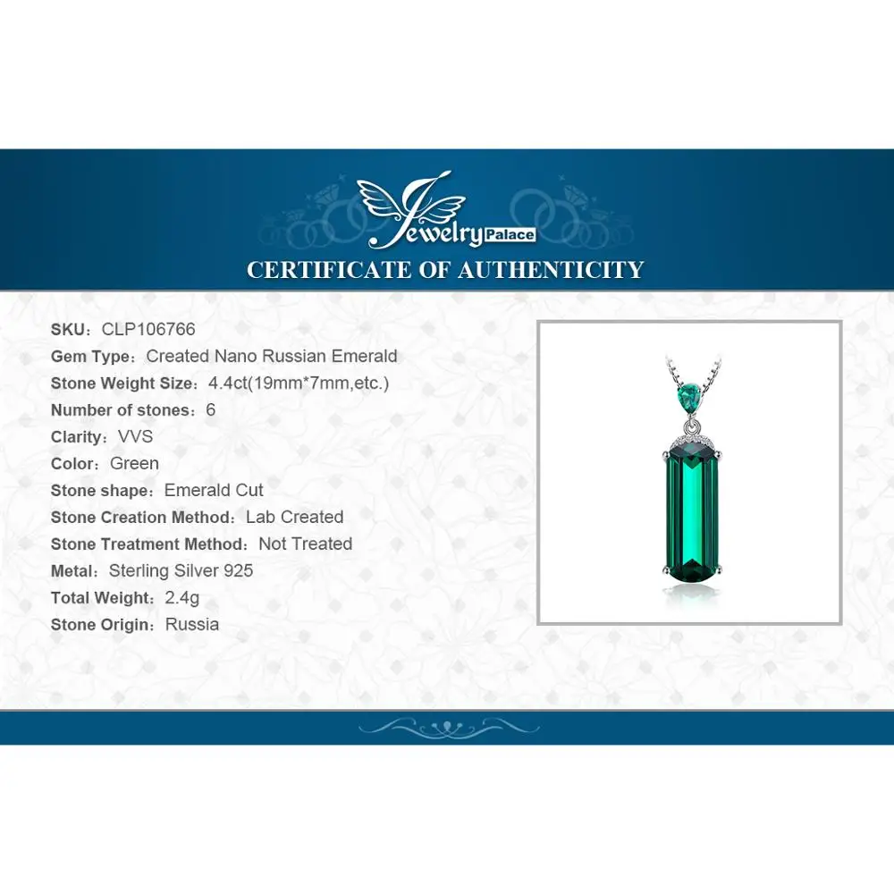 JewelryPalace Simulated Nano Green Emerald 925 Sterling Silver Pendant Necklace for Women No Chain