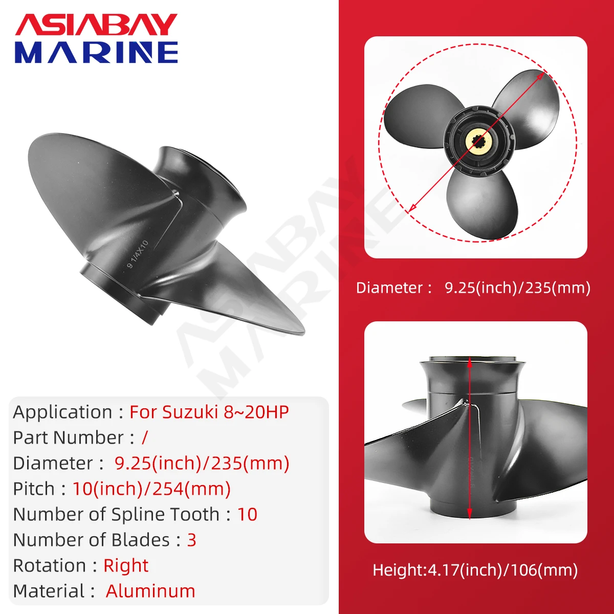 Outboard Propeller 9 1/4x10 58100-93733-019 for Suzuki 8 9.9 15 20 HP Motor, Aluminum Alloy Screw, 3 Blade, 10 Spline, Marine