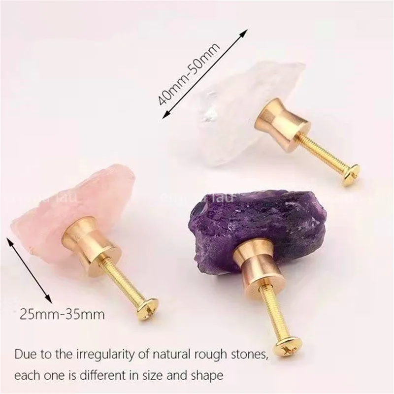 New Natural Rough Fluorite Stone Knob and Handle Brass Base Drawer Kitchen Cupboard Closet Door Knobs Clear Crystal Handles