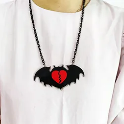 KUGUYS Black Bat Red Broken Heart Pendant Necklace for Women Halloween Animal Acrylic Fashion Gothic Chain Jewelry Accessories