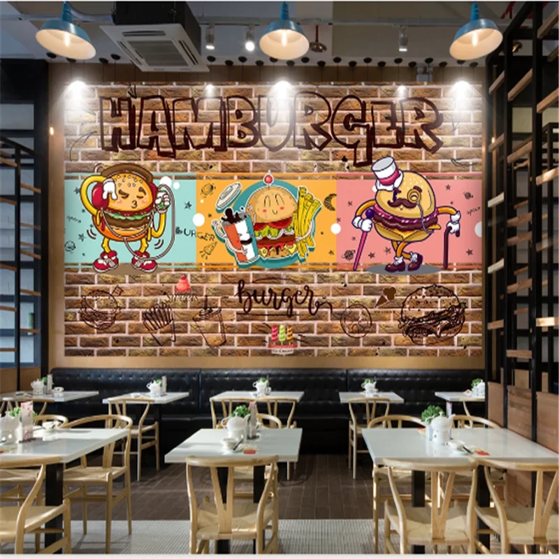 Cartoon Handburger Snack Bar Industrial Decor Brick Wall Background Mural Wallpaper 3D Burger Fast Food Restaurant Wall Paper 3D