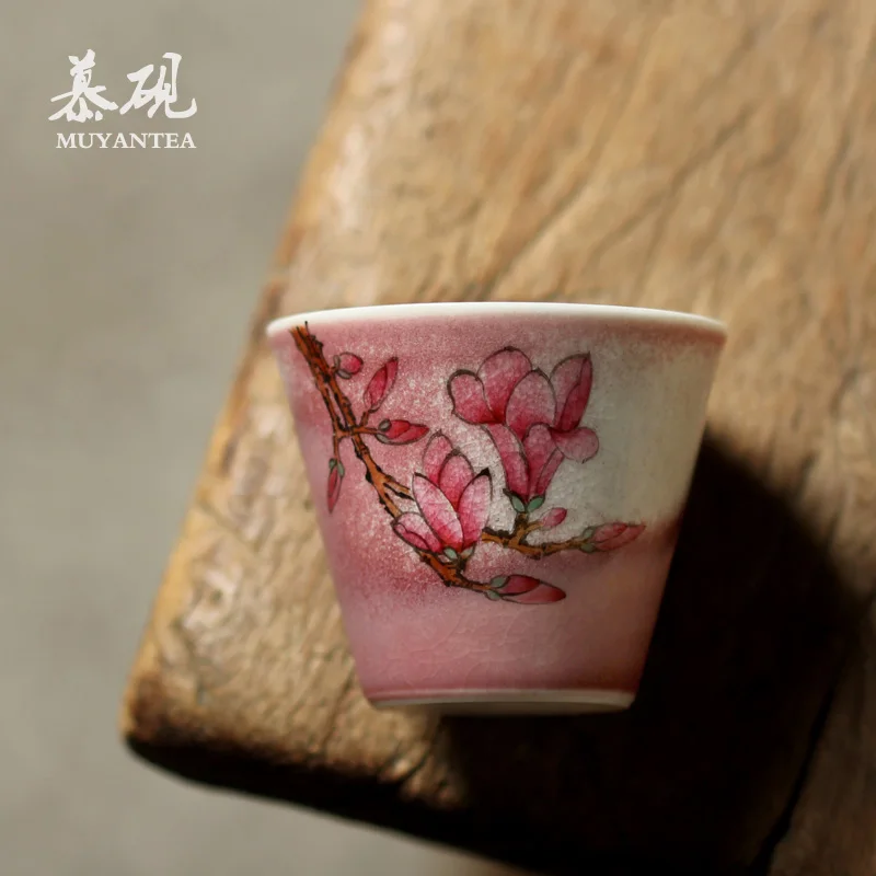 

MuYan cherry powder kiln jingdezhen famille rose magnolia sample tea cup pure manual kunfu tea cups small cups