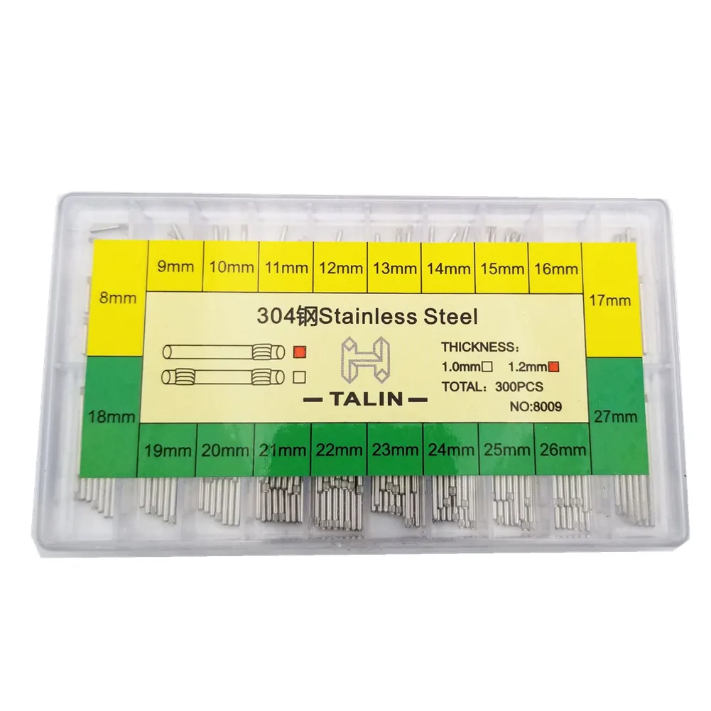 300Pack 1.2/1.0Mm 8-27Mm Roestvrij Stalen Horloge Band Spring Bar Armband Link Pin Wathcmaker onderdelen No.8009