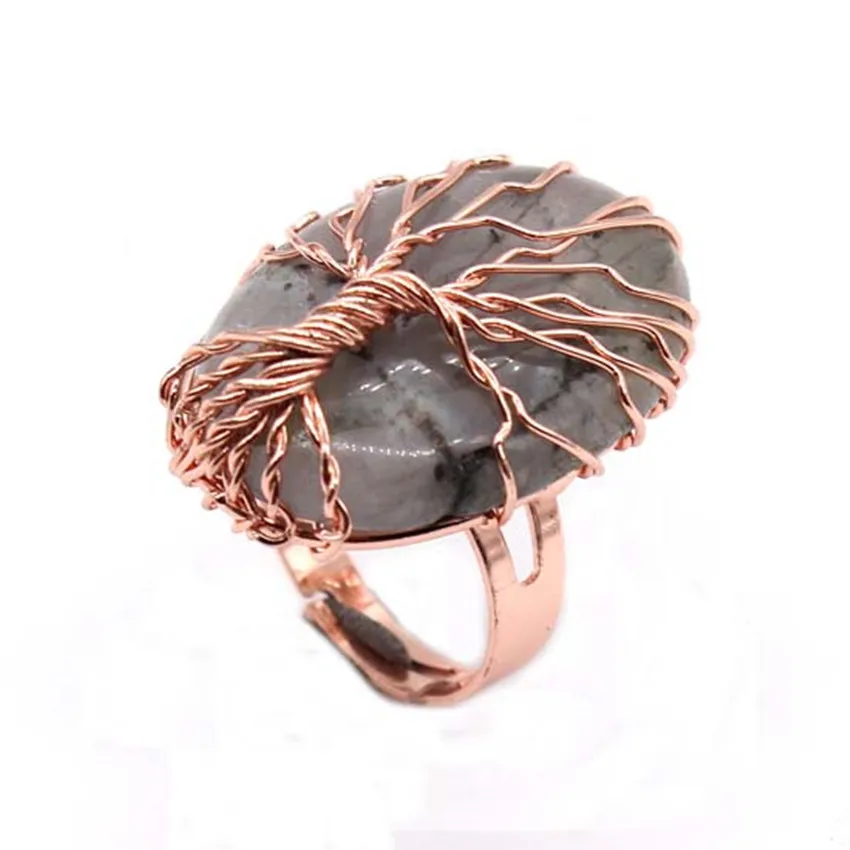 KFT Wire Wrapped Tree Life Oval Shape Amethyst Crystal Black Onyx Resizable Stone Finger Ring For Women Party Wedding Jewelry