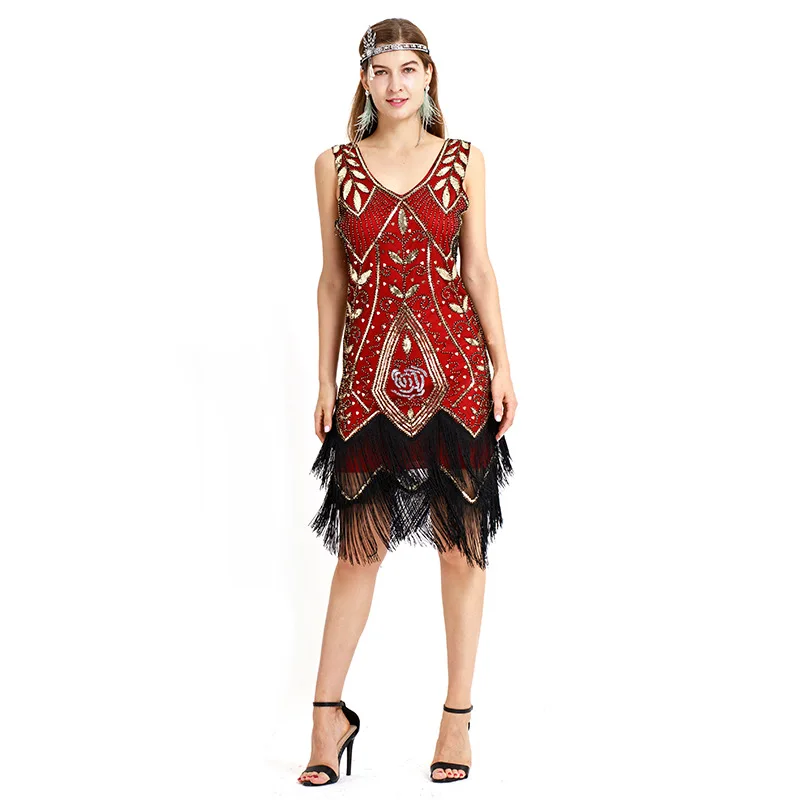 Women Flapper Dress Vintage V Neck Peacock Sequin Fringe 1920s Great Gatsby Charleston Dress Art Deco Ganster Party Costu