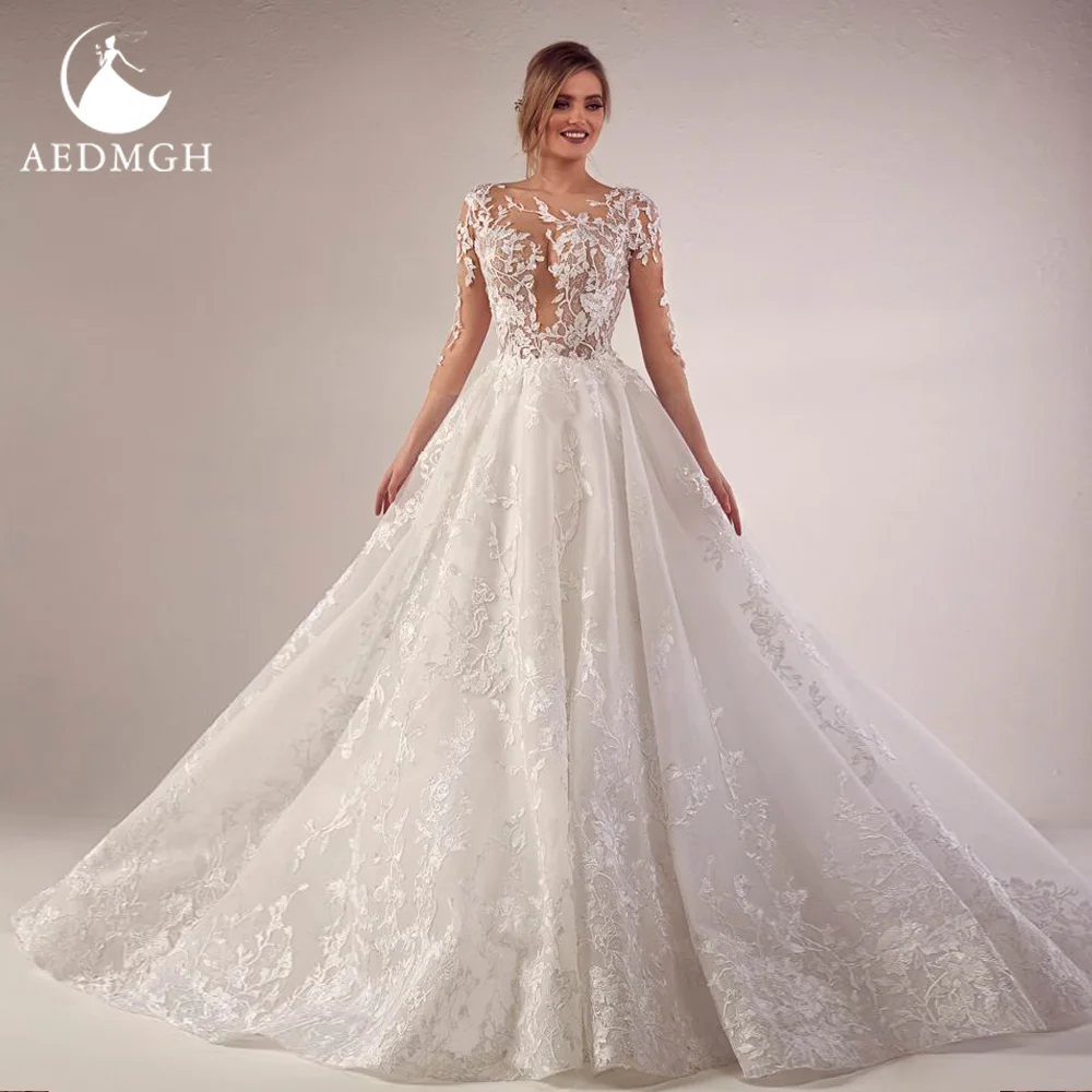 Aedmgh Ball Gown Illusion Wedding Dresses Sweetheart Three Quarter Vestido De Novia Lace Appliques Custom Made Bridal Gown