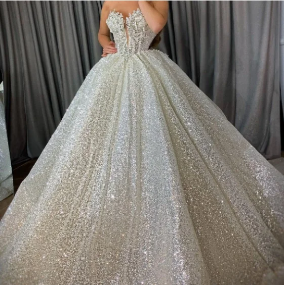 Robe De mariée à paillettes scintillantes, tenue De bal longue, col en V, perles De cristal, Organza