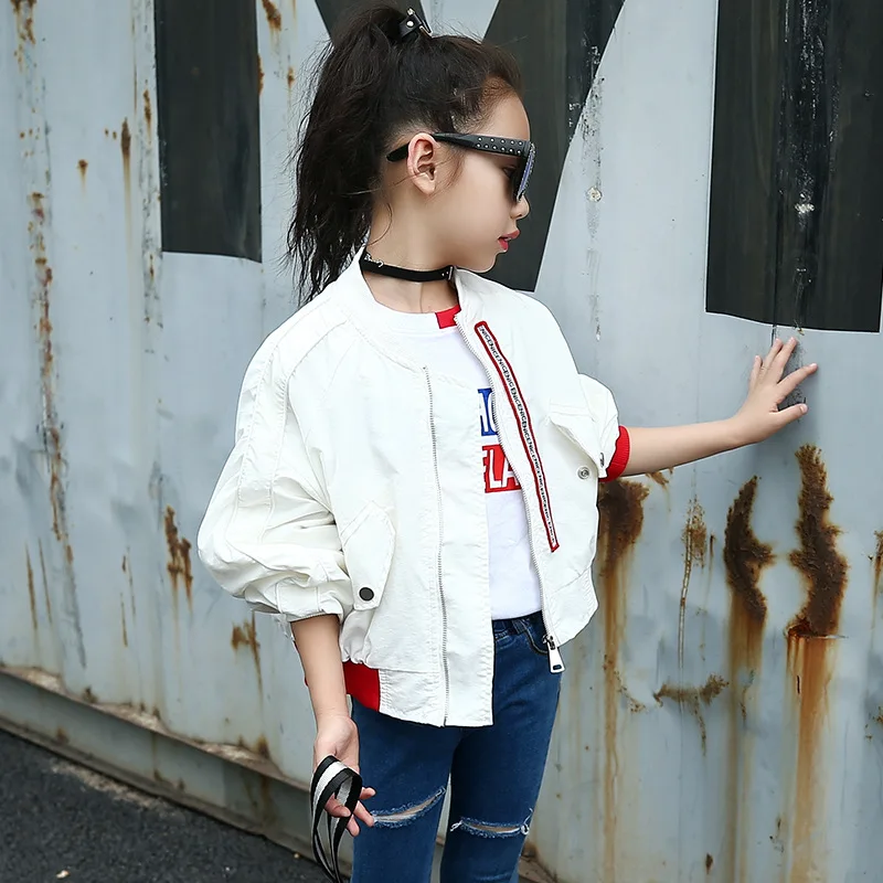 Children\'s Spring Autumn Outerwear Coats for Girls White Bat Sleeves Oversize Biker Jacket Kids School Bomber Jacket 6 8 10 Year