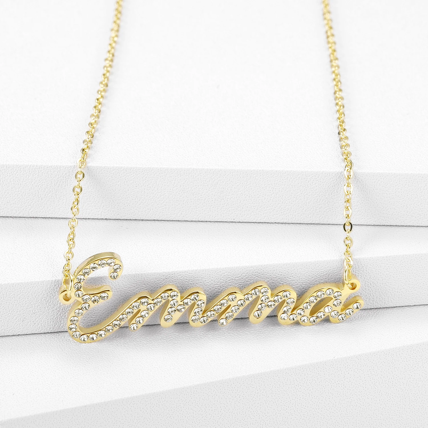 Classic Iced-Out Cursive Personalized Crystal Pendant Zircon Letter Necklace Women's  Stainless Steel Jewelry Dropshipping