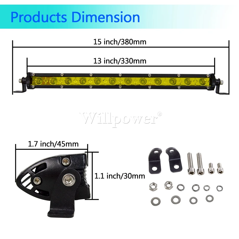 SUV Car Yellow Light 13“ Slim LED Light Bar UTV 4X4 Truck Offroad 4WD Single Row Fog Light LED Bar Spot Flood Driving Lamp